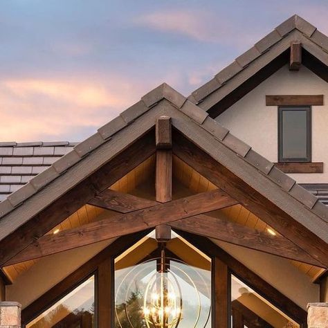 Exteriors Of Instagram on Instagram: "We love the combination of materials including timber trusses and exposed steel beams. What’s your style?

Build: @lostcreekco 
Architecture: @dansieversarchitect 
Photography: @joshwacaldwell 
———

#frontdoor #frontdoors #frontporch #frontporchdecor #frontporchliving #entry" Exterior Trusses, Exterior Wood Beams, Barndo Decor, Timber Trusses, Exposed Trusses, Timber Truss, Steel Beams, Wooden Beams, Exterior Wood