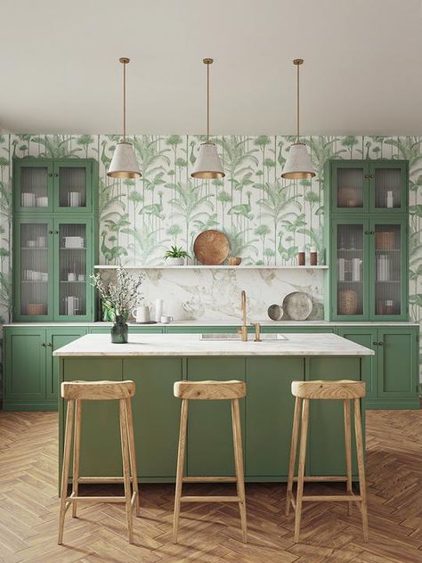 Green Kitchen Wallpaper, Kitchen Wallpaper Ideas, Sage Green Kitchen, Green Kitchen Cabinets, French Country Kitchens, French Country Kitchen, Green Cabinets, Bespoke Interiors, Kitchen Wallpaper