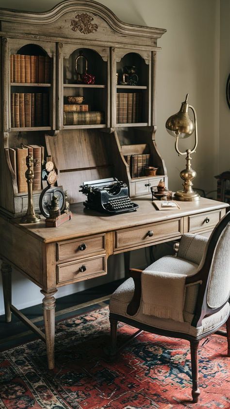 Antique Desk With Plants, Vintage Study Room Decor, Rug Under Office Chair, Old Homes Aesthetic, Old World Office Decor, Diy Vintage Desk, Room Inspo Antique, Vintage Bookcase Aesthetic, Antique Desk Lamp