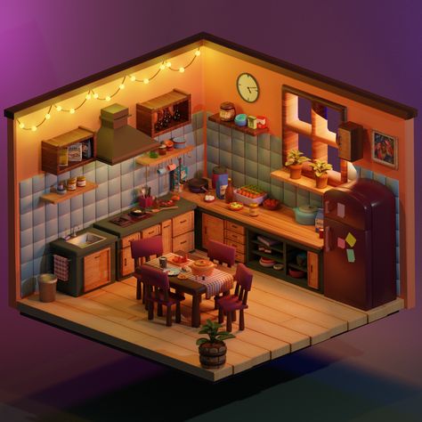 cozy isometric kitchen 3d model made in blender Blender Diorama, Blender Room, Isometric Kitchen, Isometric Rooms, Kitchen 3d, 9 Lives, Poly Art, Dark Kitchen, Isometric Art