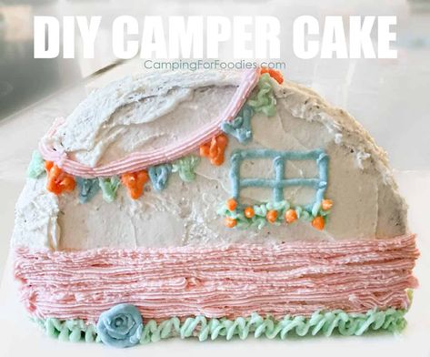 Happy Camper Smash Cake Diy, Camper Cakes Birthday, Camper Cake Ideas, Camper Smash Cake, Diy Camping Gifts, Happy Camper Cake, Camper Cake, Fire Cupcakes, Camper Cakes