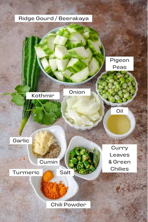 Ingredients for ridge gourd pigeon peas curry. Ridge Gourd Recipes Indian, Gourd Recipes, Ridge Gourd, Curry In A Hurry, Pigeon Peas, Colorful Dishes, Recipes Indian, Healthy Homemade Recipes, Crushed Garlic