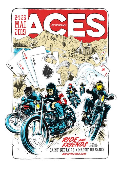 Aces Of Freeway By Adi Gilbert Ace Cards, The Aces, Urban Logo, Illustrated Poster, Motorcycle Events, Motorcycle Illustration, Ace Card, Bike Illustration, French Cheese