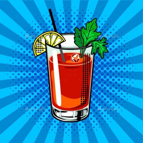 Bloody Mary Cocktail Pop Art Vector Illustration Pop Art Alcohol, Speakeasy Painting, Alcohol Cartoon, Cartoon Drink, Pop Art Vector, Alcohol Art, Art Vector Illustration, Pop Illustration, Michelada