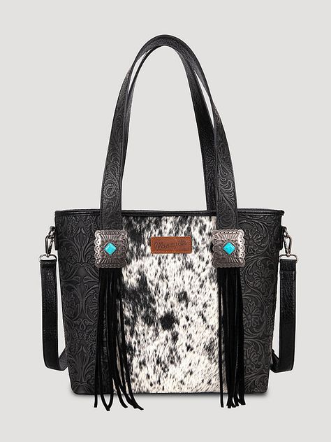 Womens Cowhide Fringe Tote:Black:One Size | Women's ACCESSORIES | Wrangler® Skull Wallet, Concealed Carry Purse, Round Handle, Best Purses, Handbag Patterns, Crossbody Tote, Leather Tassel, Cow Print, Large Tote