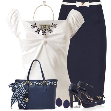 Navy Reiss skirts, White House Black Market sandals and MICHAEL Michael Kors tote bag Ssense Fashion, Librarian Chic, Skirts White, Winter Typ, Navy Skirt, White Pencil, Skirt White, Outfit Combinations, White Blouse