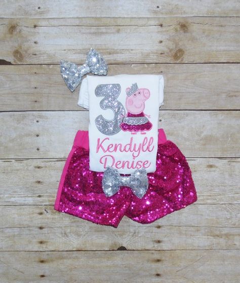 Pig Outfit, Pink Sequin Shorts, Peppa Pig Birthday Outfit, Peppa Pig Shirt, Peppa Birthday, Peppa Pig Outfit, Peppa Pig Dress, Peppa Pig Invitations, Peppa Pig Birthday Invitations