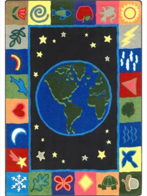 Introduce children to the benefits of a healthy planet with this beautiful Earthworks Kids Rug 3 feet 10 inches x 5 feet 4 inches rug. Memorable icons of nature are displayed surrounding the planet Earth, while snowflakes, flowers, acorns, and the sun represent the four seasons. Classroom Rug, Kids Area Rugs, Indoor Kids, Kids Area, Star Rug, In The Beginning, Indoor Area Rugs, Planet Earth, Elementary School