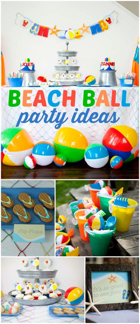 Lots of colorful beach balls are at this fun party! See more party ideas at CatchMyParty.com! Beach Ball Pool Party Ideas, Beach Ball Theme Party, Beach Ball Themed Birthday Party, Beach Ball Fruit Tray, Summer Birthday Dessert Ideas, Pool Party Dessert Table, 2nd Birthday Beach Theme, Beach Ball Decorations, Beachball Party