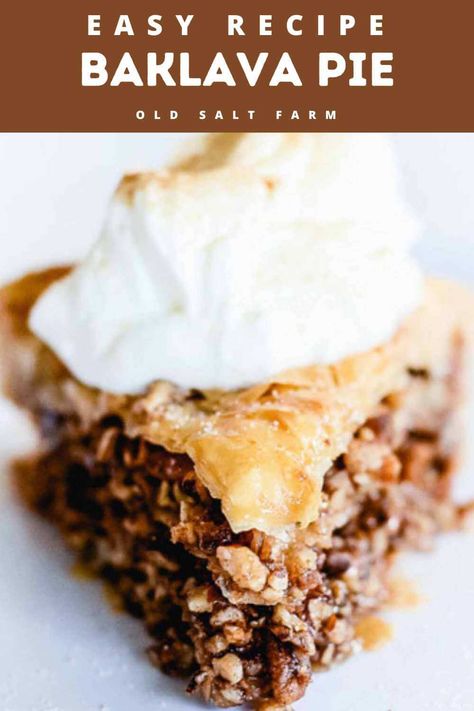 Baklava Pie is a yummy combination of nuts, honey & cinnamon, enfolded in a buttery, flaky crust. Super easy, and a must for baklava lovers! Baklava Pie, Holiday Baking Thanksgiving, Baking Thanksgiving, Easy Baklava, Pie Christmas, Thanksgiving Pie, Honey Cinnamon, Thanksgiving Pies, Flaky Crust