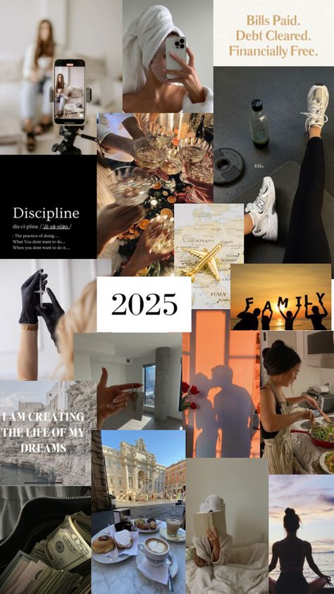 2025 aesthetic vision board: wealth, health, mindfulness, travel, consistency, family Paying Bills, Rome, Germany