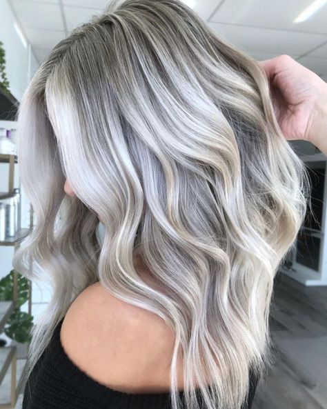 Icy Blonde Highlights With Money Piece, Ash And Platinum Blonde Highlights, Gray Highlights On Blonde Hair, Grey Highlights On Blonde Hair, Ash Blonde Hair With Lowlights, Ashy Silver Hair, Icy Grey Blonde Hair, Light Ashy Blonde Hair, Grey Blending Highlights Blondes