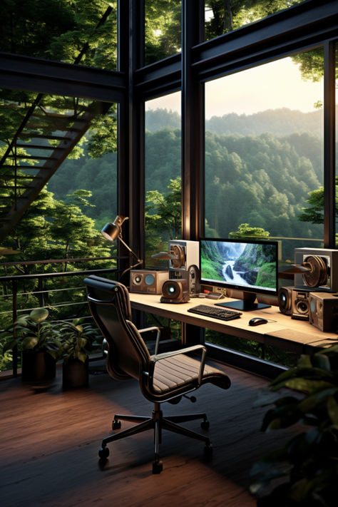 Modern nature inspired office brutal metal interior overlooking rainforest Men Workspace, Office Room Minimalist, Office Inspiration Modern, Workspace Minimalist, Office Ideas Modern, Design Office Ideas, Minimalist Office Design, Modern Minimalist Office, Nature Office