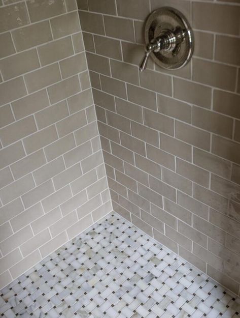 HODGSON – Kipling House Interiors Marble Basketweave Floor, Basketweave Tile Bathroom, Marble Basketweave, Basketweave Tile, Taupe Bathroom, Basket Weave Tile, Muskoka Cottage, Shower Tile Ideas, Bright Bathroom