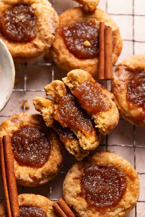 Apple butter snickerdoodles— a deliciously cozy twist on classic snickerdoodles. Soft, chewy, coated in cinnamon sugar, and filled with spiced apple butter, they are perfect for fall! Thanksgiving Dessert Aesthetic, Apple Butter Pastry, Thanksgiving Baking Aesthetic, Cookies Recipes Thanksgiving, Apple Spice Desserts, Baked Goods With Apples, Baking With Apple Butter, Fall Pastries Desserts, Fall Inspired Baked Goods