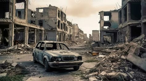 A destroyed car stands among the ruins of houses in a war-torn city, Generative AI Destroyed City, City Background, Tree Saw, Adaptive Reuse, The Ruins, Cityscape Photos, Nature Backgrounds, Background Banner, Enchanted Forest