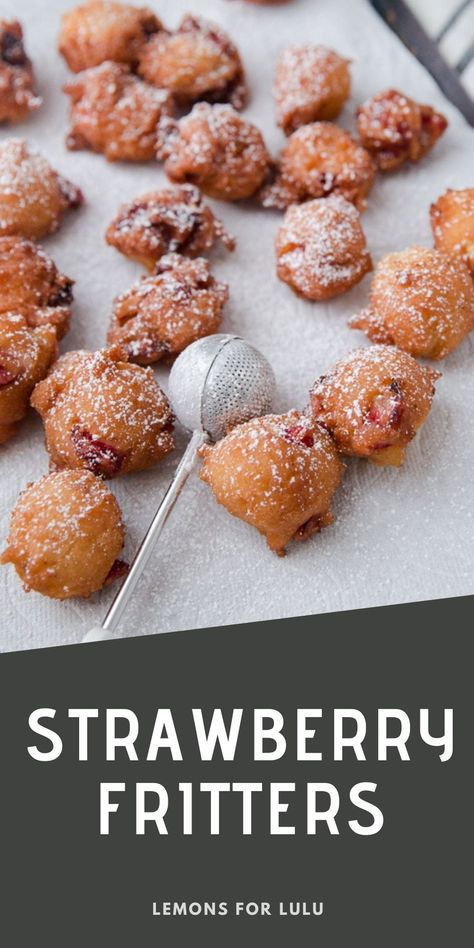 fritters recipe Cherry Fritters Recipe, Strawberry Fritters, Sweet Fries, Deep Fried Recipes, Fried Dessert, Pancake Bites, Fried Foods, Baked Fruit, Vanilla Glaze