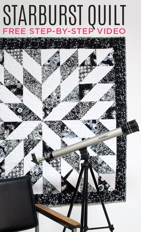 New Friday Tutorial: The Starburst Quilt – Missouri Star Blog Starburst Quilt, Missouri Quilt Tutorials, Missouri Quilt Company, Black And White Quilt, Missouri Star Quilt Company Tutorials, Missouri Star Quilt Tutorials, Half Square Triangle Quilts Pattern, Triangle Quilt Pattern, Table Quilt