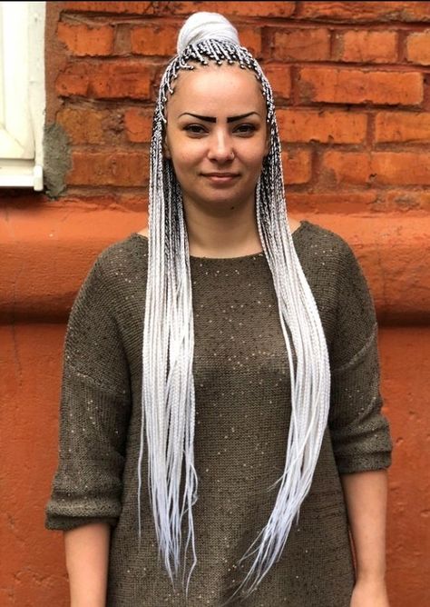 Grey Braiding Hair, Silver Goddess Braids, White Box Braids On Dark Skin, Silver Box Braids Black Women, Grey Knotless Box Braids, Grey Box Braids Silver Black Women, Gray Braids For Black Women, Silver Knotless Braids, Silver Braids For Black Women