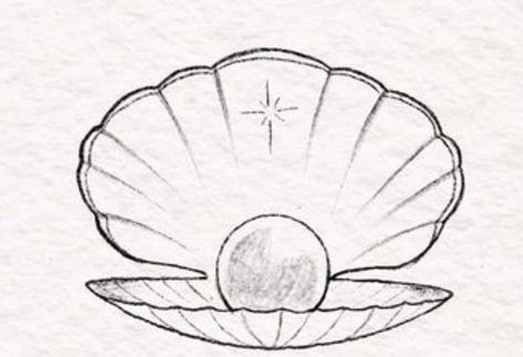 Clam Pearl Drawing, Seashell Pearl Drawing, Open Clam Shell Drawing, Pearl In Clam Drawing, Clams Drawings, Seashell Line Drawing, Pearl In Shell Drawing, Clamshell With Pearl Tattoo, Easy Seashell Drawing