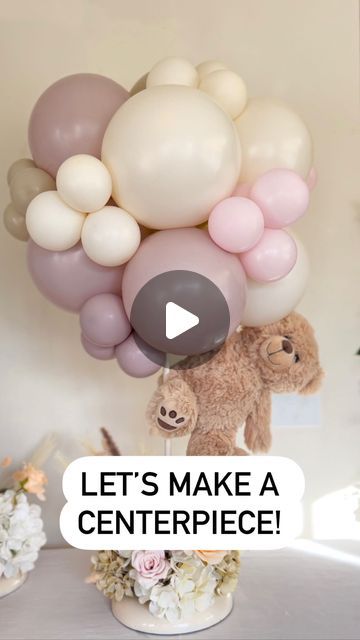 SAY IT WITH BALLOONS LLC on Instagram: "Let’s make a centerpiece 🧸✨ Base - Lamp @ikea Spray paint @homedepot Dry foam @hobbylobby Silk flowers @hobbylobby Balloons @pshelium Teddy Bear @amazon #cltballoons #charlottemoms #balloonartist #charlottemom #happybirthday #cltmom #cltmoms #cltballoonartist #balloonentrance #charlotteballoons #firstbirthdayideas #charlotteballoonsartist #firstbirthday #babyshower #cltkids #balloontutorial #centerpiece #centerpiecesideas #teddybearparty #wecanbearlywait" Baby Girl Balloons Decoration, Boho Teddy Bear Centerpieces, Diy Teddy Bear Centerpieces, Teddy Bear Table Centerpieces, Teddy Bear Balloon Centerpiece, Teddy Bear Centerpieces Diy, Baby Shower Teddy Bear Centerpieces, Bear Centerpiece Ideas, Baby Shower Balloon Centerpieces