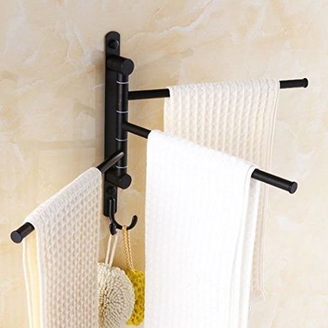 Black Swing Out Retro Towel Holder Bar 3-Bar Alloy Swivel Wall Mounted Hanger with Hooks Towel Bar With Hooks, Swivel Towel Bar, Wall Mounted Towel Holder Lowe's, Bathroom Holder, Towel Rack Bathroom, Bathroom Storage Organization, Round Bar, Bathroom Refresh, Curtain Accessories