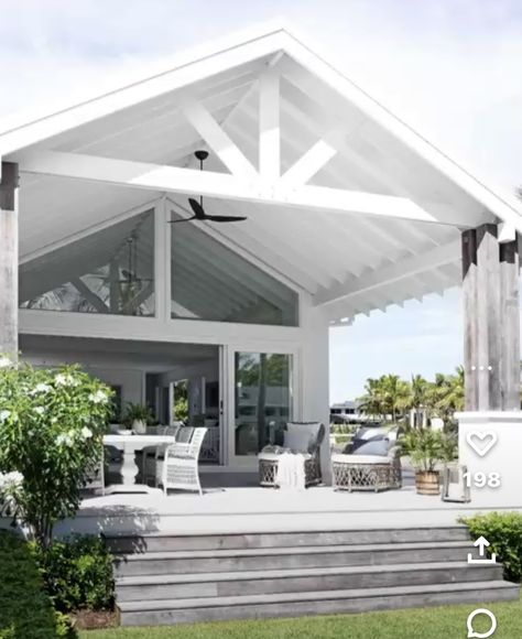 Raked Alfresco, Outdoor Pavillion, White Homes, Deck Roof, Queenslander House, California Bungalow, House Cladding, Coastal House Plans, Courtyard Gardens Design