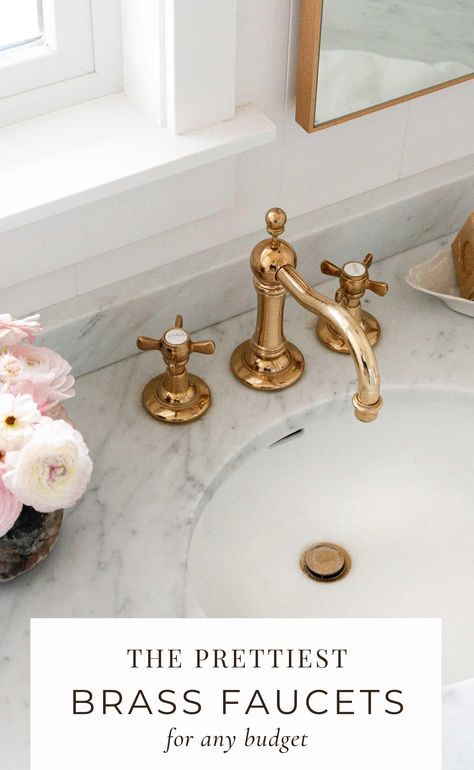 Black And White Bathroom Brass Fixtures, Powder Room Brass Fixtures, Bathroom Lighting Over Mirror Double Sinks Sconces, Vintage Faucets Bathroom, Bathroom Fixtures 2023, Phylrich Faucet, White Bathroom Gold Fixtures, Gold Fixtures Bathroom, Antique Brass Bathroom Fixtures