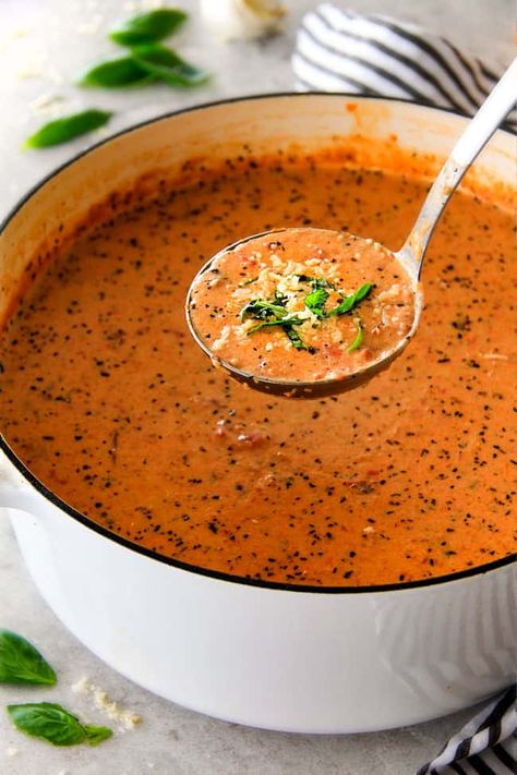 Simply Stacy Recipes, French Tomato Soup, Sipping Soup, Basil Soup Recipe, Tomato Basil Soup Recipe, Creamy Tomato Basil Soup, Parmesan Soup, Basil Soup, Tomato Season