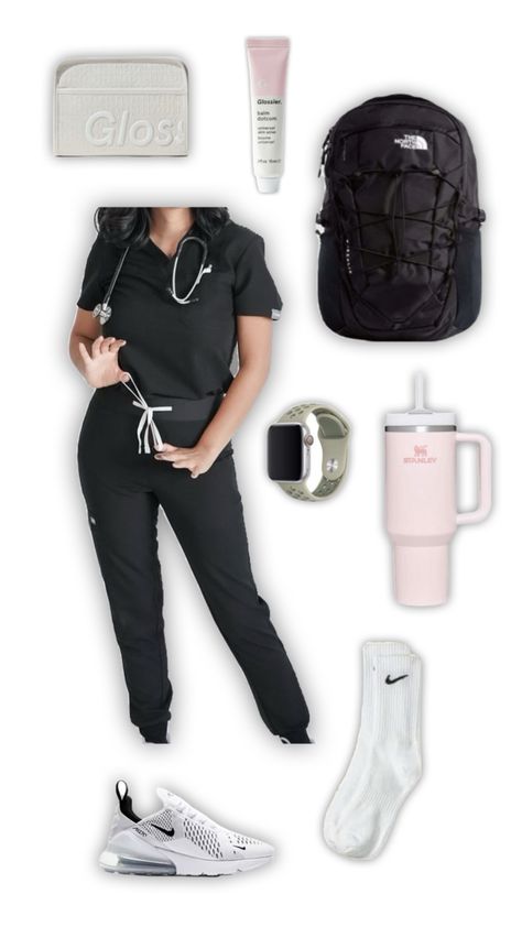 Scrubs outfit 🖤⚕️ Cute Nurse Scrubs Outfits, Vet Tech Outfit, Nursing Scrubs Outfits, Nurse Fashion Scrubs, Nurse Barbie, Nurse Outfit Scrubs, Cardiology Nursing, Nursing School Inspiration, Medical Scrubs Fashion