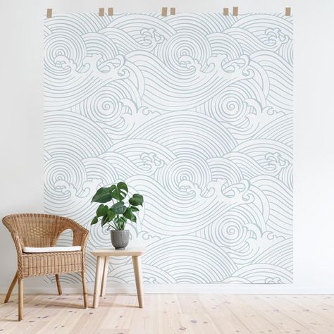 Blue Accent Wallpaper, Bedroom Wallpaper Blue, Stick Wallpaper Bedroom, Peel And Stick Wallpaper Bedroom, Waves Wall Mural, Dreamy Interior, Vintage Clouds, Ocean Mural, Rain Blue