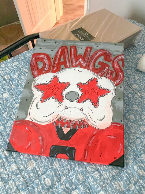 Uga Bulldog Painting, Uga Painting Ideas, Georgia Bulldog Painting Easy, Georgia Bulldog Painting, Uga Painting Canvases, Uga Painting, Preppy Paintings Canvases, College Canvas Paintings, College Paintings