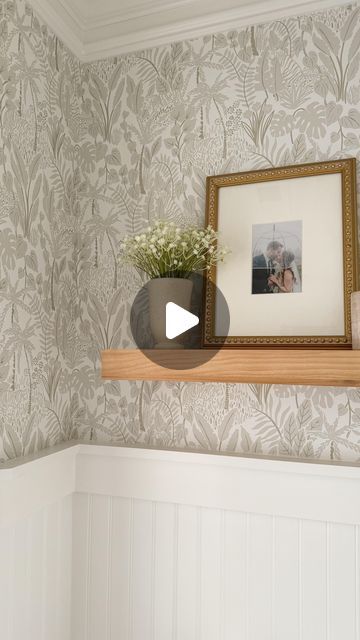 Kristen | style & beauty for you & your home on Instagram: "powder room details I love ✨🤍  ✨Wood Vanity from @loweshomeimprovement  ✨High beadboard  ✨Fun wallpaper 🐆 ✨Dual crown molding   What is your favorite detail? 😍  Head to the blog to learn more about the DIY process and for all product links. [link in bio]  #lowespartner #lowesproject #aclassyfashionista #bathroomdesign #bathroomdecor #bathroomrenovation #bathroomremodel #powderbathroom #powderroom #powderroomwallpaper #bathroomwallpaper #diyprojects #loweshomeimprovement" Beadboard Powder Room, Wallpaper Beadboard, Half Bath Decor Ideas, Beadboard And Wallpaper, Wallpaper And Beadboard, Half Bath Decor, Wallpaper Powder Room, Powder Room Remodel, Powder Room Wallpaper