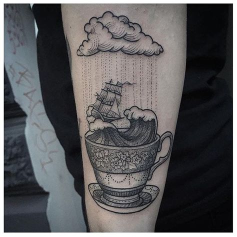 Storm In A Teacup Tattoo, Cloud Tattoo Design, Umbrella Tattoo, Teacup Tattoo, Storm Tattoo, Storm In A Teacup, Cup Tattoo, Coffee Tattoos, Cloud Tattoo