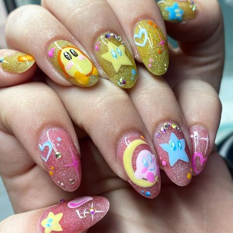 Kirby Nail Art, Kirby Waddle Dee, Gamer Girl Aesthetic, Nails Moon, Teacher Nails, Waddle Dee, Hard Gel Nails, Glittery Nails, Moon Nails