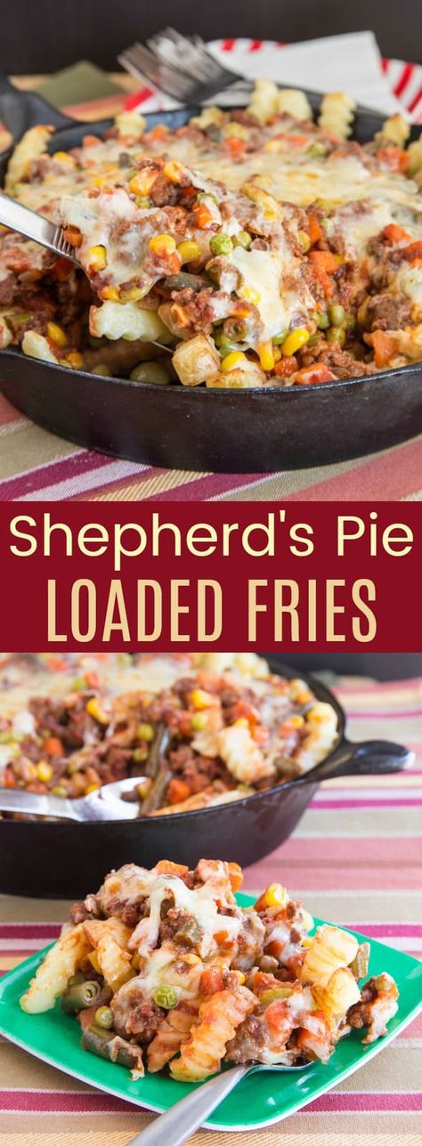 Shepherd's Pie Loaded Fries - the classic comfort food recipe becomes a fun, quick and easy dinner the family will love, filled with plenty of beef and vegetables. #cupcakesandkalechips #shepherdspie #loadedfries #glutenfree #stpatricksday #beef French Fry Casserole, Loaded Fries Recipe, Easy Comfort Food Dinners, Beef And Vegetables, French Fries Recipe, 30 Minute Meals Easy, Frozen French Fries, Loaded Fries, Comfort Food Recipes Dinners