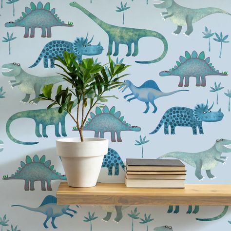 Fun Dinosaur Pattern Blue Wallpaper Blue Yellow Wallpaper, Adventure Decor, Dinosaur Wallpaper, Dinosaur Decor, Dinosaur Pattern, Yellow Wallpaper, Sunny Yellow, Wallpaper Decor, Stunning Wallpapers