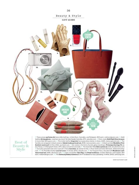 Beauty & Style Gift Guide in Martha Stewart magazine. Magazine Product Layout, Fashion Editorial Layout, Gift Guide Magazine, Fashion Magazine Design, Gift Guide Design, Magazine Layout Inspiration, Fashion Magazine Layout, Diy Outfits, Fashion Layout