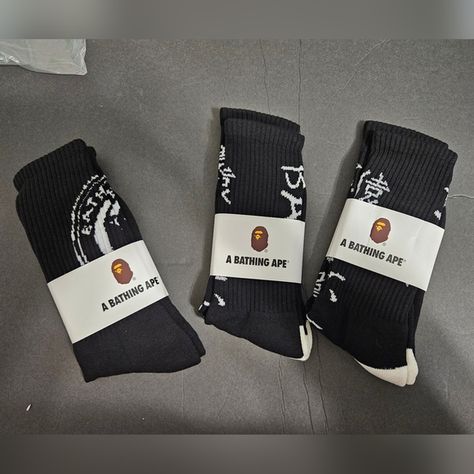 BAPE College Socks Kanji Logo Black / BRAND NEW IN PLASTIC Plastic Shop, Bathing Ape, Logo Black, A Bathing Ape, White Black, White And Black, Socks, Man Shop, Black White