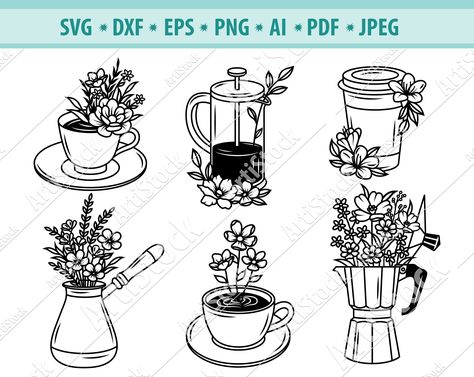 Coffee And Flowers Tattoo, Coffee Cup With Flowers Drawing, Coffee Flower Tattoo, Cottagecore Svg, Flower Coffee Shop, Coffee Mug Tattoo, Mug Tattoo, Coffee Mug Drawing, Coffee Cup Tattoo