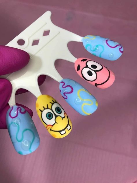 Fascinating Gel Nails Designs To ConsiderNail 2023Summer Nails Art Simple Spongebob Nails Designs, Nail Pop Art Designs, Cartoon Nail Art Designs Easy, Adventure Time Nails Acrylic, Nail Spongebob, Spongebob Nails Acrylic, Crazy Nail Designs Creative, Spongebob Nails Designs, Nail Design Cartoon