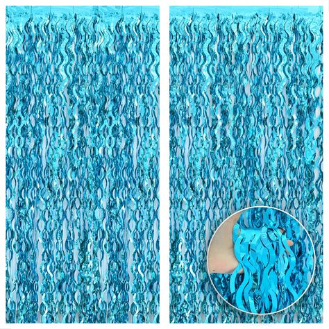 PRICES MAY VARY. XTRALARGE 3.2x6.5 FEET | PACK OF 2, METALLIC WAVY BLUE FRINGE: Introducing the Wavy BLUE Foil Fringe Curtain with Sparkle, a stunning decorative piece that will add a touch of glamour and elegance to your End of Summer party decorations. Let them be amazed with this Pack of 2, BLUE fringe backdrops of size 3.2x6.5 Feet. The wavy design of this BLUE foil fringe will create a shimmering effect in your beach party decorations, beach themed party decorations, and luau party decorati Summer Pool Party Decorations, Under The Sea Party Decorations, Sea Party Decorations, Beach Theme Party Decorations, Foil Fringe Curtain, Under The Sea Decorations, Vbs Decorations, Beach Backdrop, Streamer Backdrop