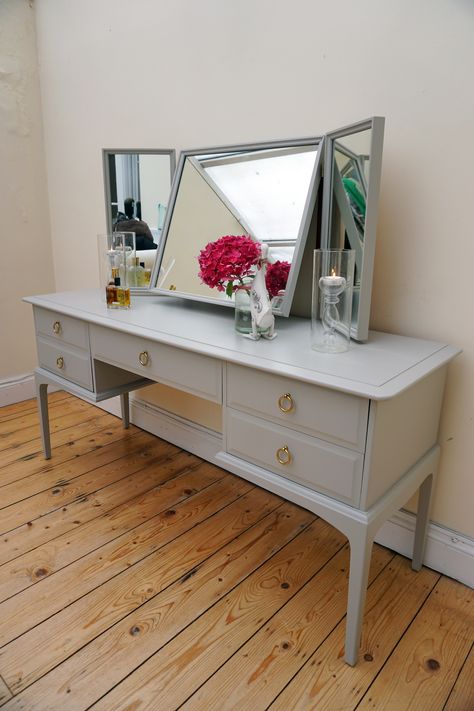 STAG Dressing table painted in Laura Ashley Pale French Grey Dressing Table Drawers, Dressing Table Paint, Attic Inspiration, Dressing Table Ideas, Grey Dressing Table, Stag Furniture, Dressing Table With Drawers, White Dressing Tables, Furniture Dressing Table