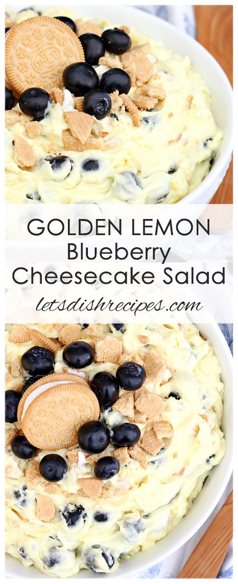 Golden Lemon Blueberry Cheesecake Salad Recipe: Lemon pudding, fresh blueberries and Golden Oreos come together in this creamy, delicious potluck salad. #salad #lemon #blueberry #recipes Cheesecake Salad Recipe, Cheesecake Salad, Potluck Salad, Lemon Blueberry Cheesecake, Blueberry Salad, Fluff Desserts, Banana Cheesecake, Salad Pasta, Lemon Pudding