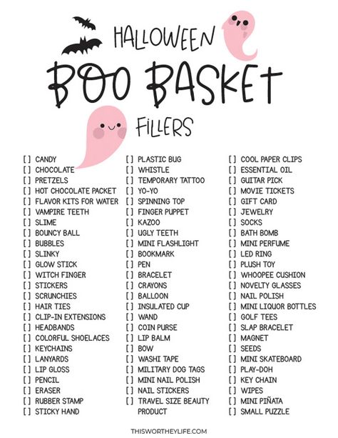 Spooky Halloween Basket Ideas For Adults, Boo'd Basket Ideas, Friend Boxes Gift Ideas, Halloween Boo Gifts, Halloween Scare Package, Boo Basket Checklist, Boo Basket Inspo For Friends, Birthday Boo Basket Ideas, Boo Baskets For Kids Diy