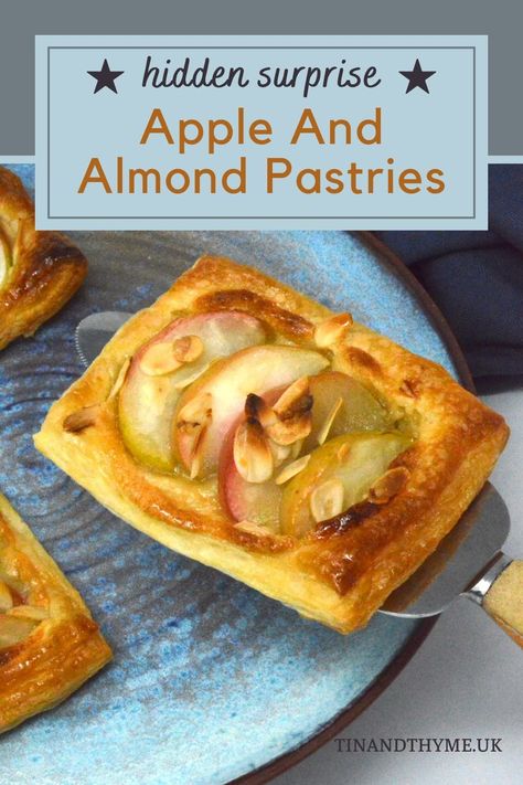 This recipe for apple and almond puff pastries is unbelievably good. A blend of sweet, tart, fruity and nutty flavours combines with crunchy, soft and chewy textures. Flaky puff pastry encases a delightful square of melting chocolate, hidden beneath a luscious layer of marzipan and crowned with syrupy apple slices and a sprinkle of toasty flaked almonds. Pure bliss! Marzipan Tart, Almond Puff, Chocolate Surprise, Almond Pastry, Puff Pastries, British Dishes, Fruit Cakes, Bakers Gonna Bake, Autumn Recipes