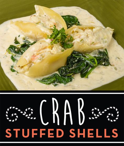 Crab Stuffed Shells | Entertaining is a breeze when you use Salads of the Sea® Cajun Crab Dip to stuff pasta shells. Serve them on a bed of steamed spinach and top with a creamy alfredo sauce. Stuffed Shells With Crab Meat, Crab Stuffed Shells Recipes, Crab Stuffed Pasta, Stuff Pasta Shells, Crab Stuffed Shells, Cajun Crab Dip, Fun Appetizers, Cajun Crab, Pescatarian Meals