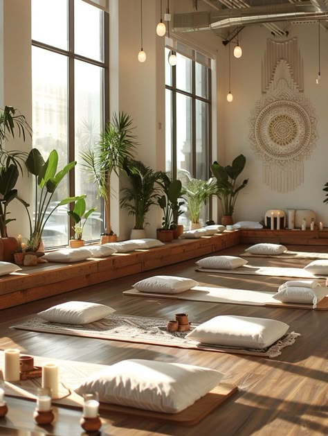 Yoga Studio Set Up, Yoga Room Setup, Natural Yoga Studio, Dream Yoga Studio, Bohemian Yoga Studio, Earthy Massage Room, Boho Yoga Studio, Meditation Center Design, Yoga Shala Design