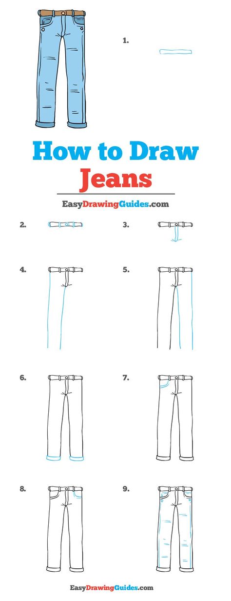 Learn How to Draw Jeans: Easy Step-by-Step Drawing Tutorial for Kids and Beginners. #Jeans #drawingtutorial #easydrawing. See the full tutorial at https://easydrawingguides.com/how-to-draw-jeans. How To Draw Jeans, Draw Jeans, Cartoon Tutorial, Jeans Drawing, Easy Drawing Tutorial, Drawing Tutorials For Kids, Drawing Quotes, Drawing Tutorial Easy, Simple Cartoon