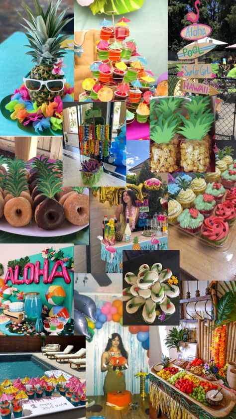 20th Birthday Pool Party Ideas, Hawaiian Sweet 16 Party Ideas, Luau Pool Party Ideas For Adults, Tropical Pool Party Ideas, Hawaii Birthday Theme, Hawaii Themed Party Outfit, Beach Party Ideas Decorations, Island Birthday Party Ideas, Hawaii Party Ideas